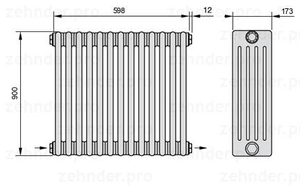 Схема (чертеж) Радиатор Zehnder Charleston 5090/13 №2670 Белый глянцевый RAL 9016